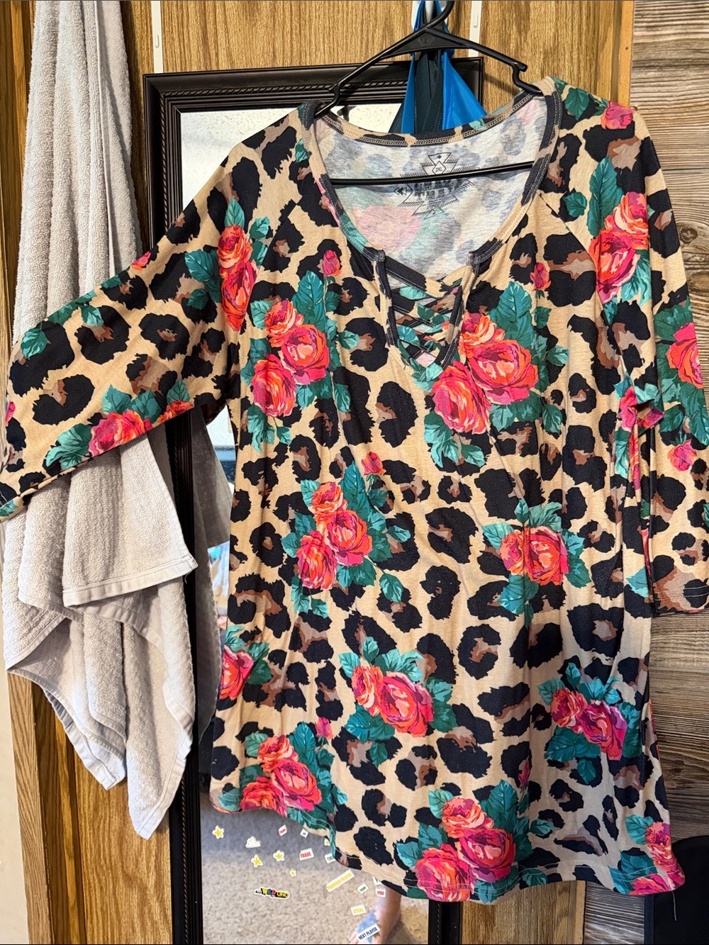 Crazy Train Leopard Floral Lace-Up Tunic in Beige, Black, Pink, Green